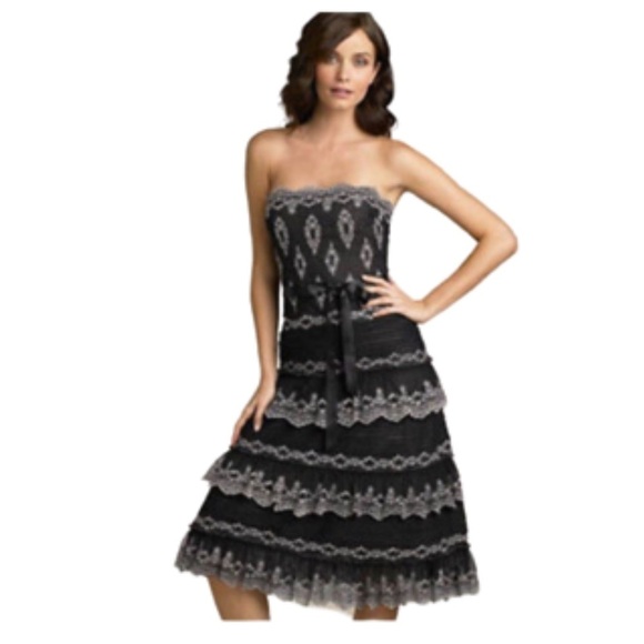 BCBGMaxazria |Tiered Black & Ivory Strapless Dress - Picture 1 of 8